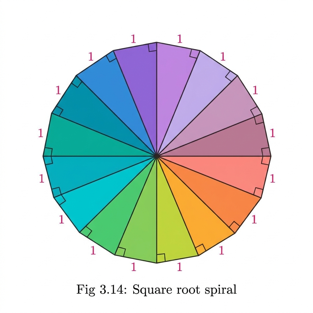 Fig 3.14: Square root spiral – a series of right-angled triangles arranged in a spiral, each with one leg of length 1